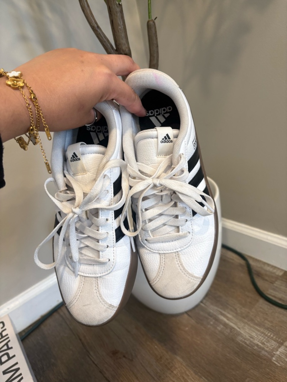 adidas Women’s White Sneakers with Black Stripes and Gum Sole